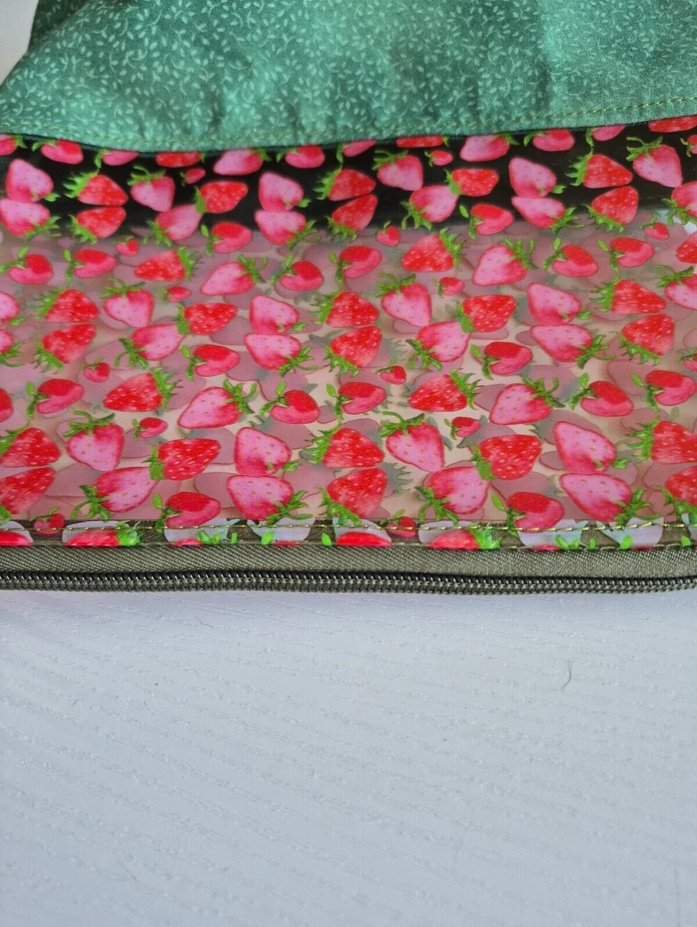 Spacious strawberry vinyl and cotton travel toiletry & cosmetic bag. sweet bag
